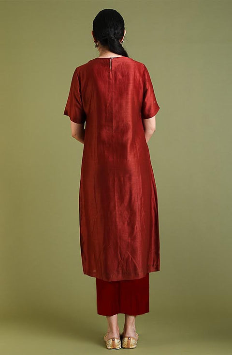 Order Chanderi High Slit Kurta with Cotton Pants in Rust - Set of 2 | Vinusto

