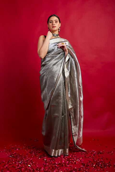 Shop Silver Gray Chanderi Handloom Saree with Jaal Work – Elegant & Classic

