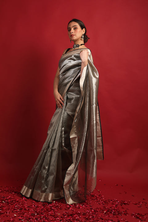 Buy Silver Gray Chanderi Handloom Saree with Jaal Work – Elegant & Classic

