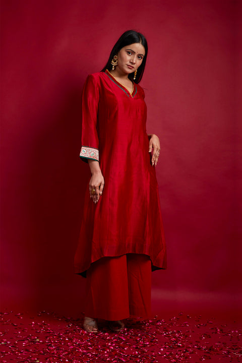Buy Chanderi Handloom A Line High Low Kurta with Cotton Palazzo in Red & Deep Green Chanderi Dupatta (set of 3) -  By Vinusto 
