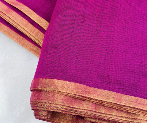 Chanderi Handloom Fabric in Meganta with Gold Border