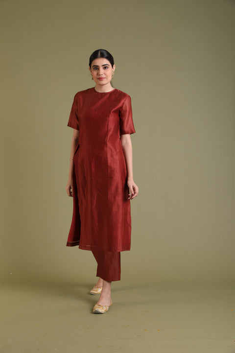 Rust Chanderi Handloom Kurta with Front Slit