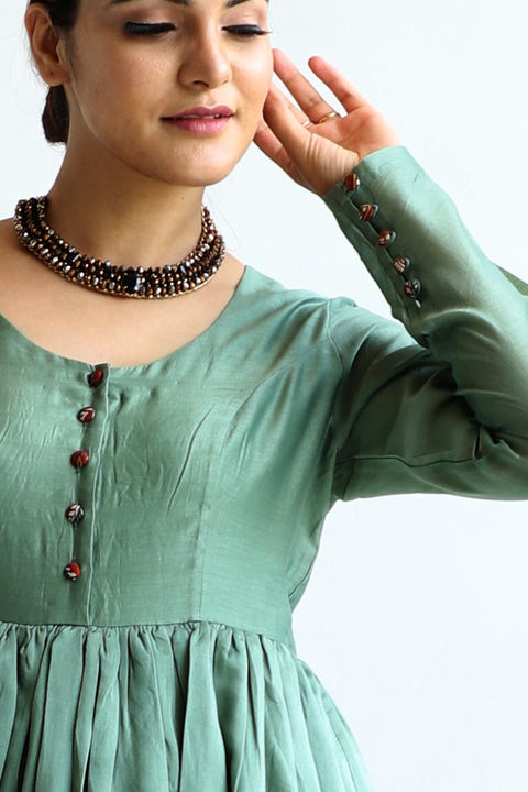 Premium Chanderi Anarkali Dress in Sage Green – Elegant & Stylish

