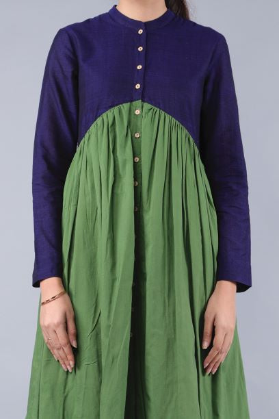 Handcraft Colour Blocked Dress in Midnight Blue & Fern Green Cotton | Vinusto