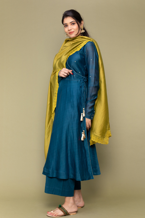 Buy Teal Blue Anarkali Chanderi Handloom Kurta with Cotton Palazzo & Chanderi Dupatta in Lime Yellow(Set Of 3) - By Vinusto