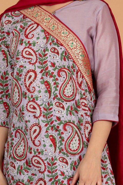 Handcrafted Slant Neck Kurta & Palazzo in Lilac Hand Block Printed Cotton, Chanderi Dupatta in Red (Set Of 3) - By Vinusto 