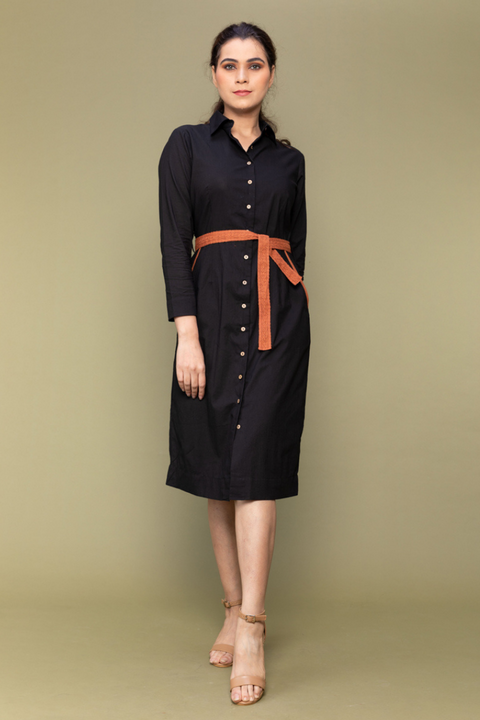 Shop Black Cotton Bodycon Shirt Dress with Lace Belt | Vinusto