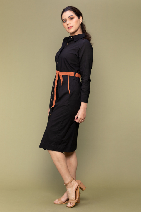Buy Black Cotton Bodycon Shirt Dress with Lace Belt | Vinusto