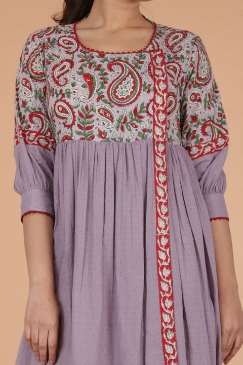 Premium Gathered Wrap Dress in Lilac & Red Hand Block Printed Cotton with Slip (Set of 2) | Vinusto