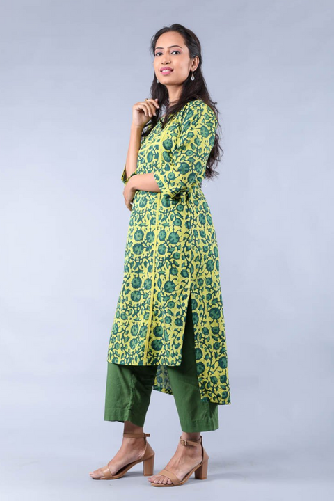 Shop Cotton hand block print High & Low Kurta with pants in Yellow & Fern Green (Set of 2)