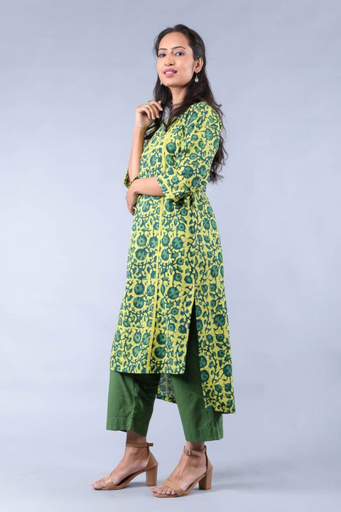 Cotton hand block print High & Low Kurta with pants in Yellow & Fern Green (Set of 2)