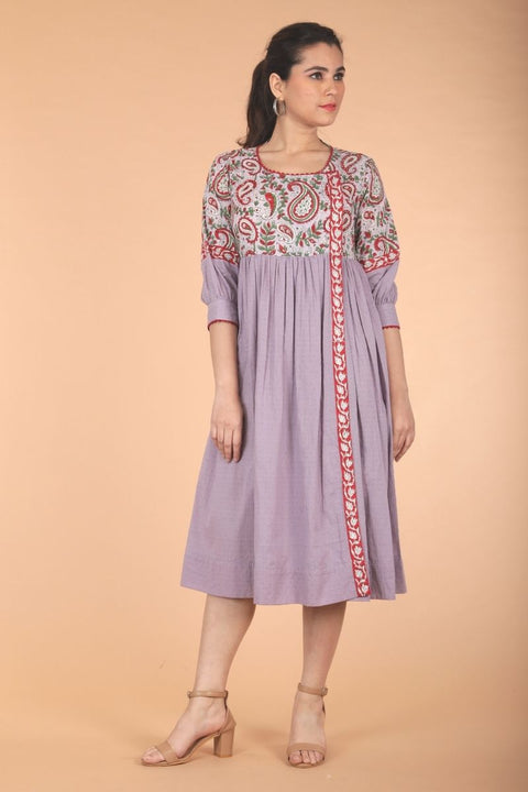 Gathered Wrap Dress in Lilac & Red Hand Block Printed Cotton with slip (Set of 2)