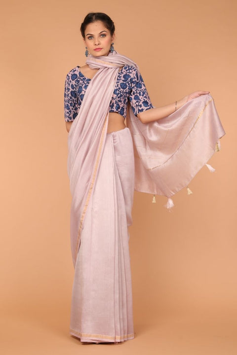 Buy Cotton Hand Block Printed Blouse in Blush Pink & Indigo | Vinusto