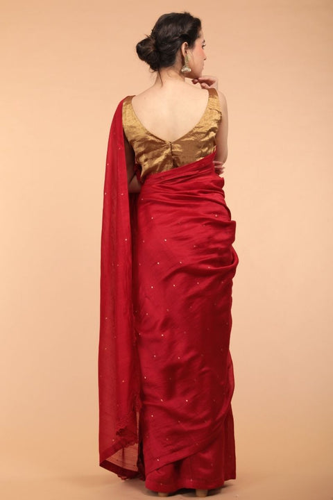 100%Authentic Handcrafted Cranberry Red Chanderi Handloom Silk Saree – Vinusto

