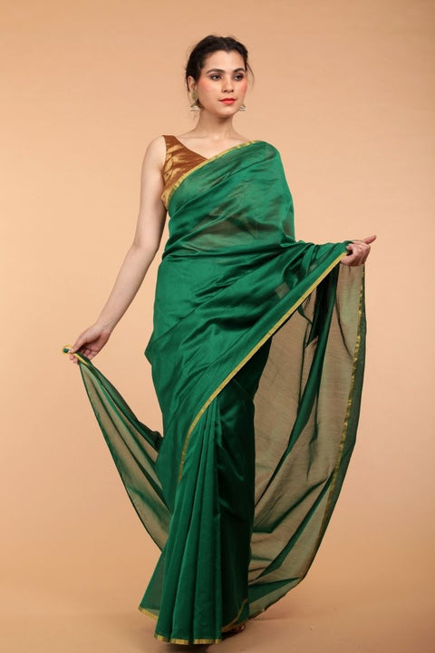 Buy Handcrafted Deep Green Chanderi Handloom Silk Saree – Elegant & Luxurious

