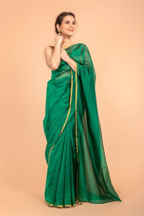 Shop Handcrafted Deep Green Chanderi Handloom Silk Saree – Elegant & Luxurious

