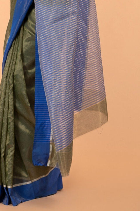 luxury Metallic Khaki Green Tissue Saree with Blue Border | Handloom Collection


