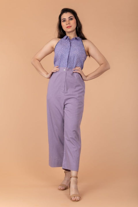 Shop Halter Neck Jumpsuit in Lilac Blue Hand Block Printed Cotton | Vinusto