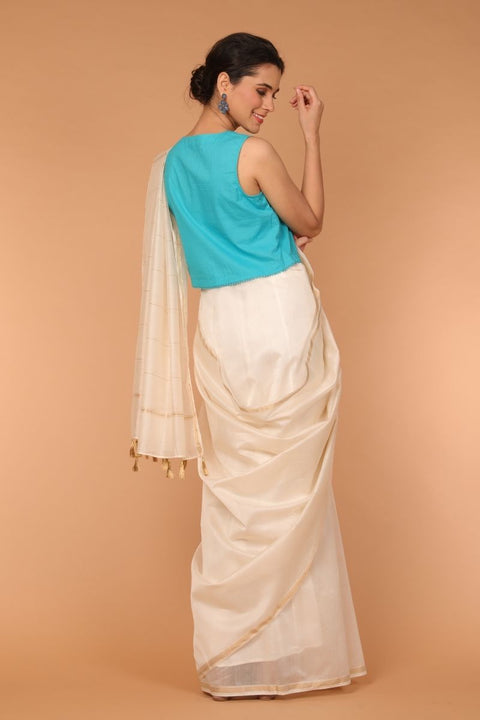 Luxury Woven Chanderi Sari in Off-White with Aqua Cotton Blouse | Vinusto