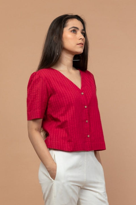 Crop Shirt with Puff Sleeve in Hot Pink Textured Cotton Dobby