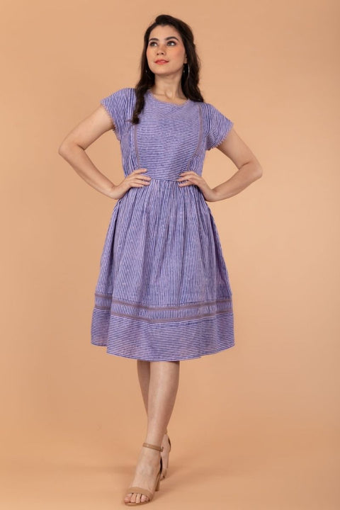 Shop Stripe Dress with Laces in Blue & Lilac Hand Block Printed Cotton | Vinusto