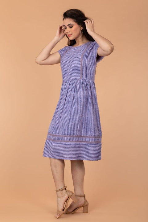 Order Stripe Dress with Laces in Blue & Lilac Hand Block Printed Cotton | Vinusto