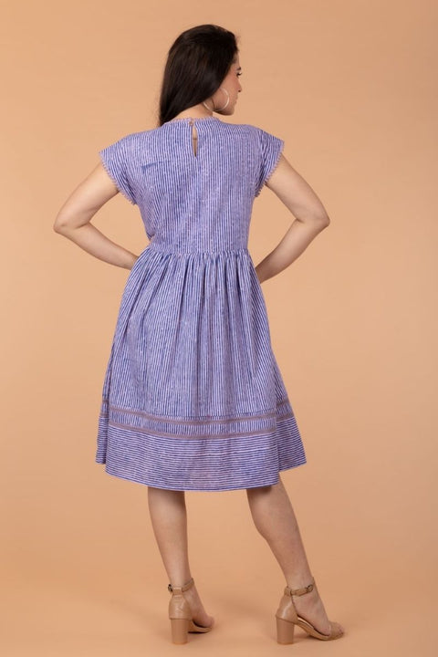 Premium Stripe Dress with Laces in Blue & Lilac Hand Block Printed Cotton | Vinusto