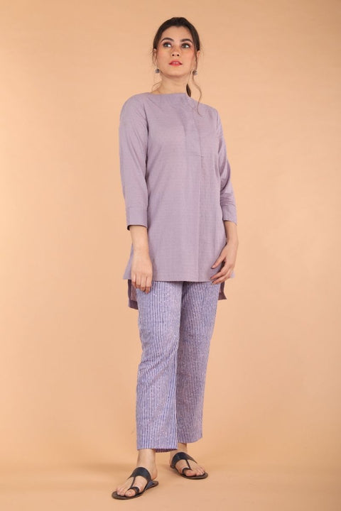 Shop Textured Cotton Short Kurta in Lilac with Hand Block Printed Pinstripe Cotton Pants (Set of 2) | Vinusto