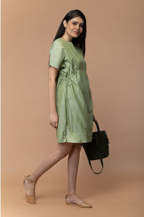 Shop Shift Dress with Drawstrings in Apple Green Handloom Cotton from Sambalpur | Vinusto