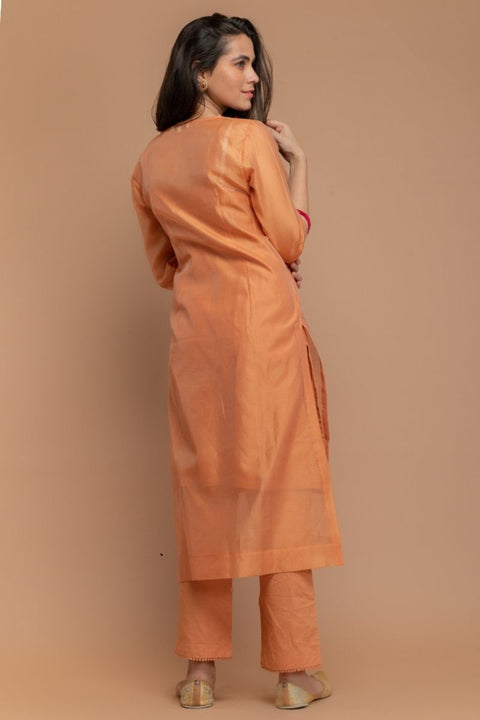 Luxury Chanderi Hand Loom Kurta & Cotton Pants in Tangerine Orange with Hot Pink Chanderi Silk Dupatta (Set of 4) -By Vinusto 