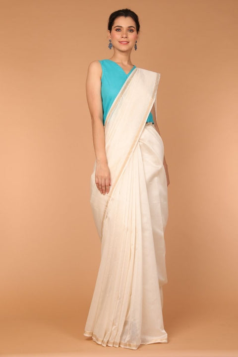 Shop Woven Chanderi Sari in Off-White with Aqua Cotton Blouse | Vinusto