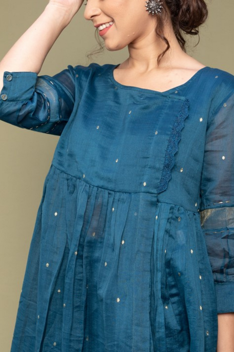 Luxury Teal Blue Chanderi Handloom Gathered Wrap Kurti with Cropped Cotton Palazzo - Set of 2

