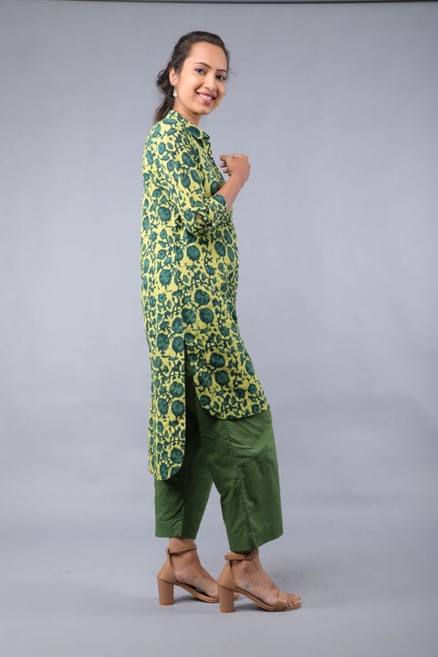 Yellow & Green Hand block Printed Shirt Kurta