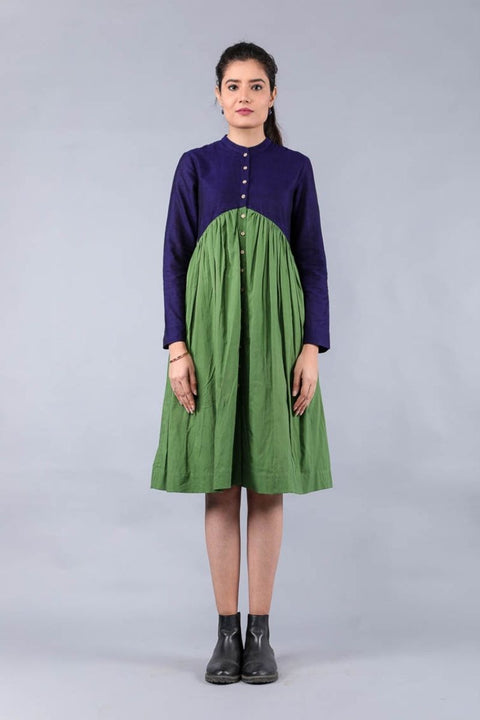 Buy Colour Blocked Dress in Midnight Blue & Fern Green Cotton | Vinusto