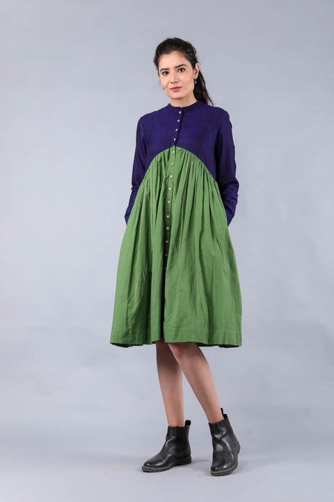 Order Colour Blocked Dress in Midnight Blue & Fern Green Cotton | Vinusto