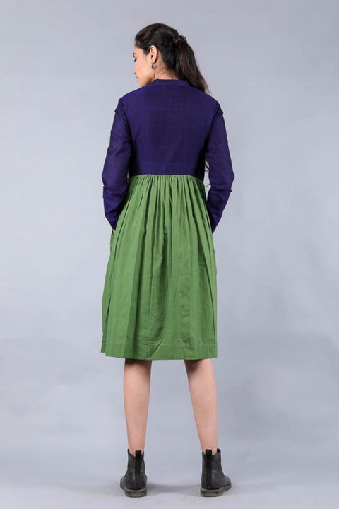 Luxury Colour Blocked Dress in Midnight Blue & Fern Green Cotton | Vinusto