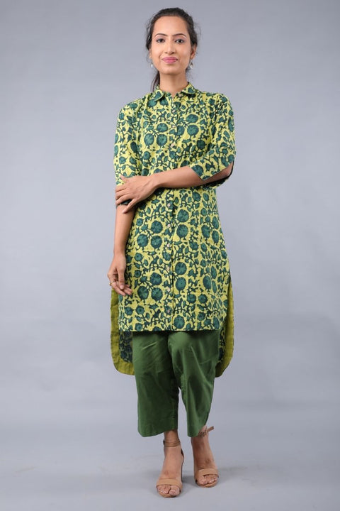Yellow & Green Hand block Printed Shirt Kurta