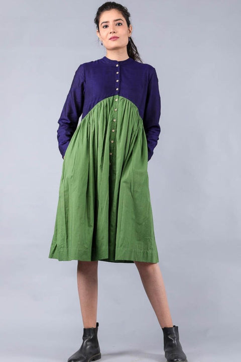 Shop Colour Blocked Dress in Midnight Blue & Fern Green Cotton | Vinusto