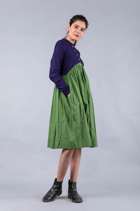 Premium Colour Blocked Dress in Midnight Blue & Fern Green Cotton | Vinusto