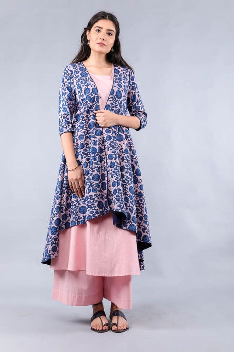 Buy Suit set with Flared Jacket in Pink & Blue hand block print (set of 3) by Vinusto