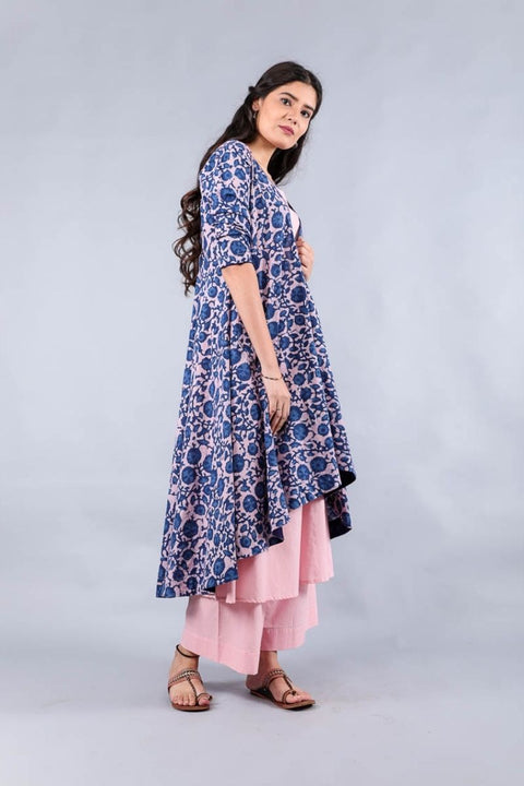 Order Suit set with Flared Jacket in Pink & Blue hand block print (set of 3) by Vinusto