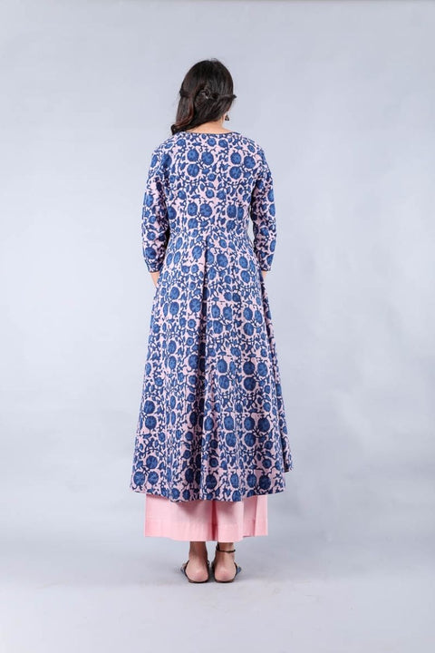 Handcrafted Suit set with Flared Jacket in Pink & Blue hand block print (set of 3) by Vinusto