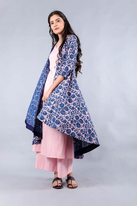 Shop Suit set with Flared Jacket in Pink & Blue hand block print (set of 3) by Vinusto