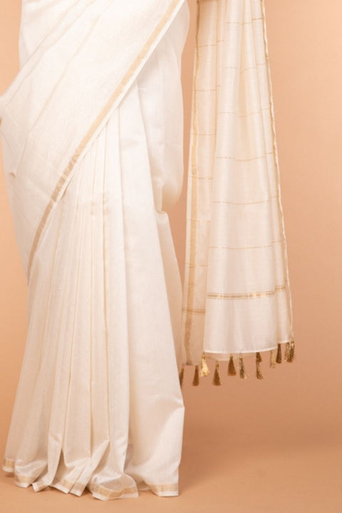 Luxury Chanderi Silk Saree in Off-White - Vinusto

