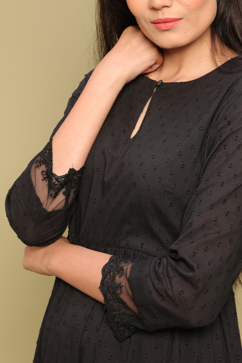 Buy Black Kurta in Textured Cotton with Straight Fit Pants - Set of 2

