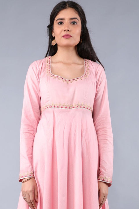 Luxury Embroidered Anarkali Kurta & Palazzo in Blush Pink Cotton with Chanderi Dupatta in Fuchsia Pink - Set of 3 | Vinusto

