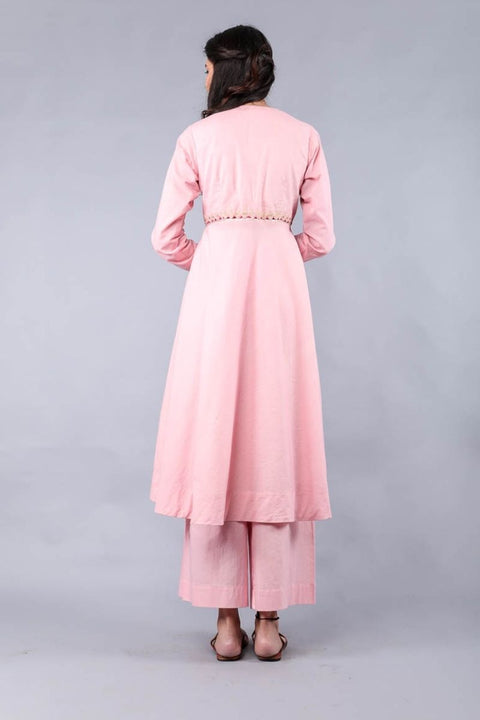 Premium Embroidered Anarkali Kurta & Palazzo in Blush Pink Cotton with Chanderi Dupatta in Fuchsia Pink - Set of 3 | Vinusto

