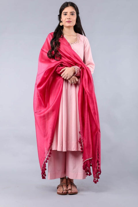 Shop Embroidered Anarkali Kurta & Palazzo in Blush Pink Cotton with Chanderi Dupatta in Fuchsia Pink - Set of 3 | Vinusto


