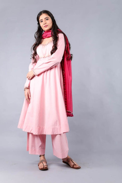 Buy Embroidered Anarkali Kurta & Palazzo in Blush Pink Cotton with Chanderi Dupatta in Fuchsia Pink - Set of 3 | Vinusto


