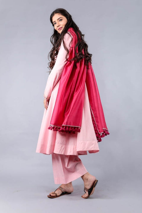 Order Embroidered Anarkali Kurta & Palazzo in Blush Pink Cotton with Chanderi Dupatta in Fuchsia Pink - Set of 3 | Vinusto

